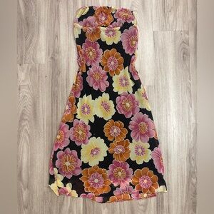 Vintage Y2K Strapless Blind Date Corset Black Midi Dress Pink Orange Floral